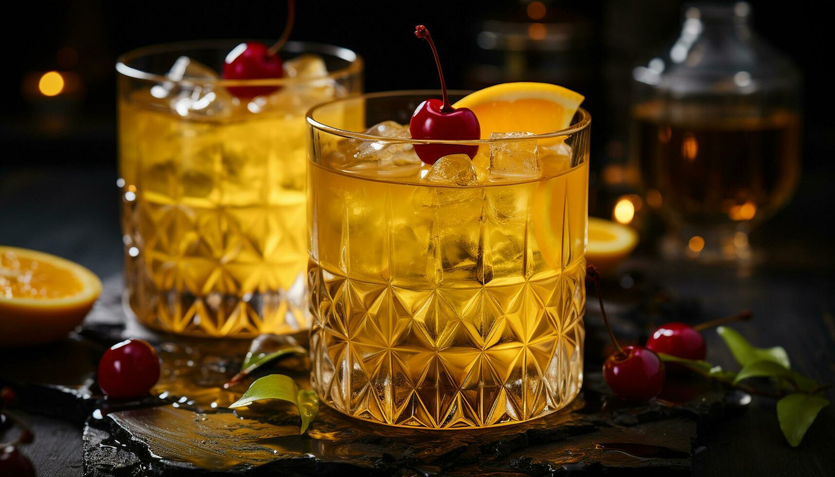 Refreshing cocktail with ice, citrus fruit, and a slice of lemon generated by AI photo