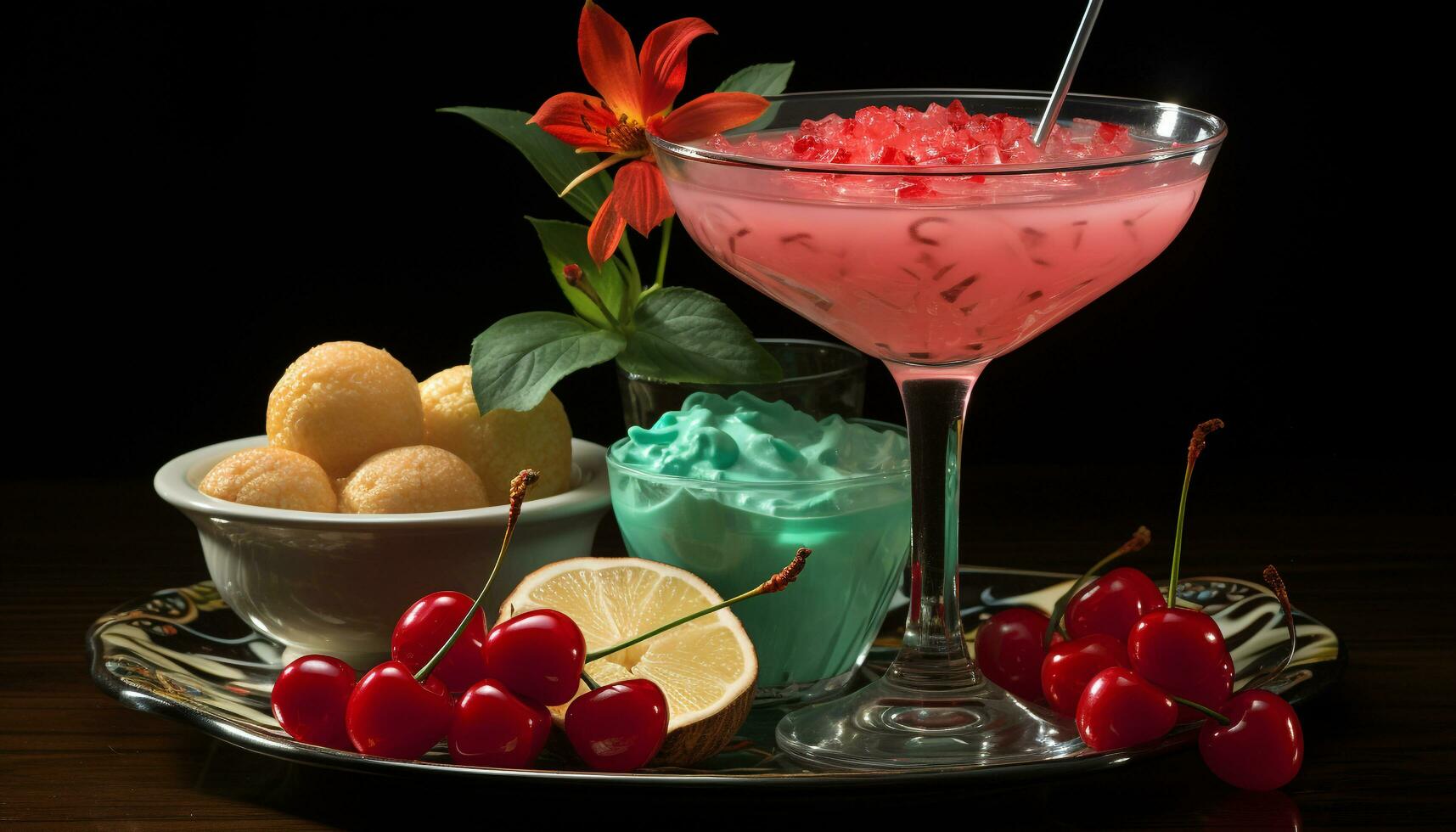 Freshness in a glass, summer cocktail with citrus fruit and strawberry generated by AI photo