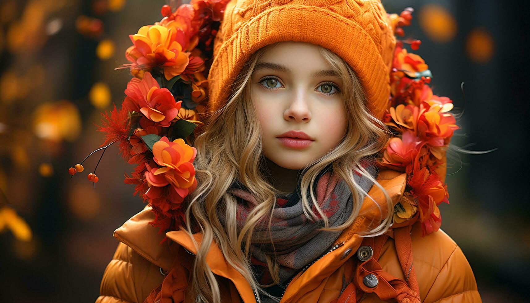 Smiling cute child, cheerful girls, beauty in nature, warm clothing generated by AI photo