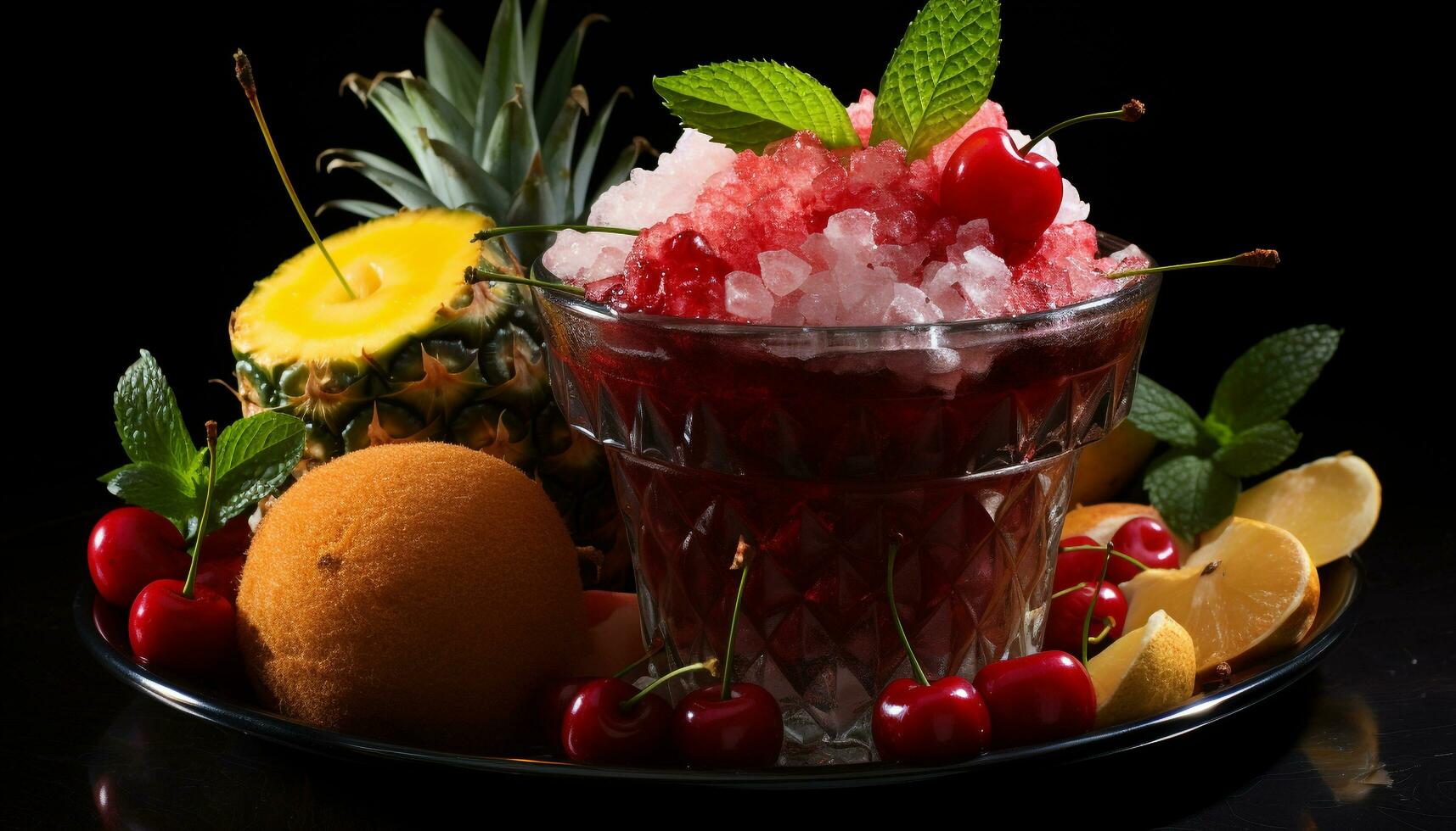 Refreshing summer cocktail with citrus fruits, mint leaf, and raspberry generated by AI photo