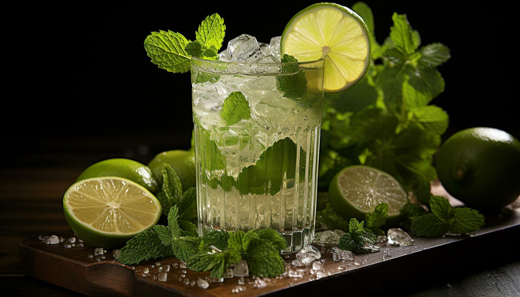 Refreshing mojito cocktail with mint leaf, lime, and citrus fruit generated by AI photo