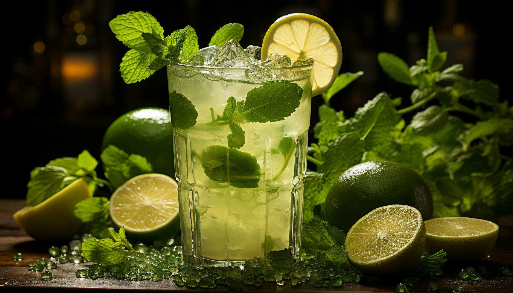 Refreshing mojito cocktail with lime, mint leaf, and citrus fruit generated by AI photo