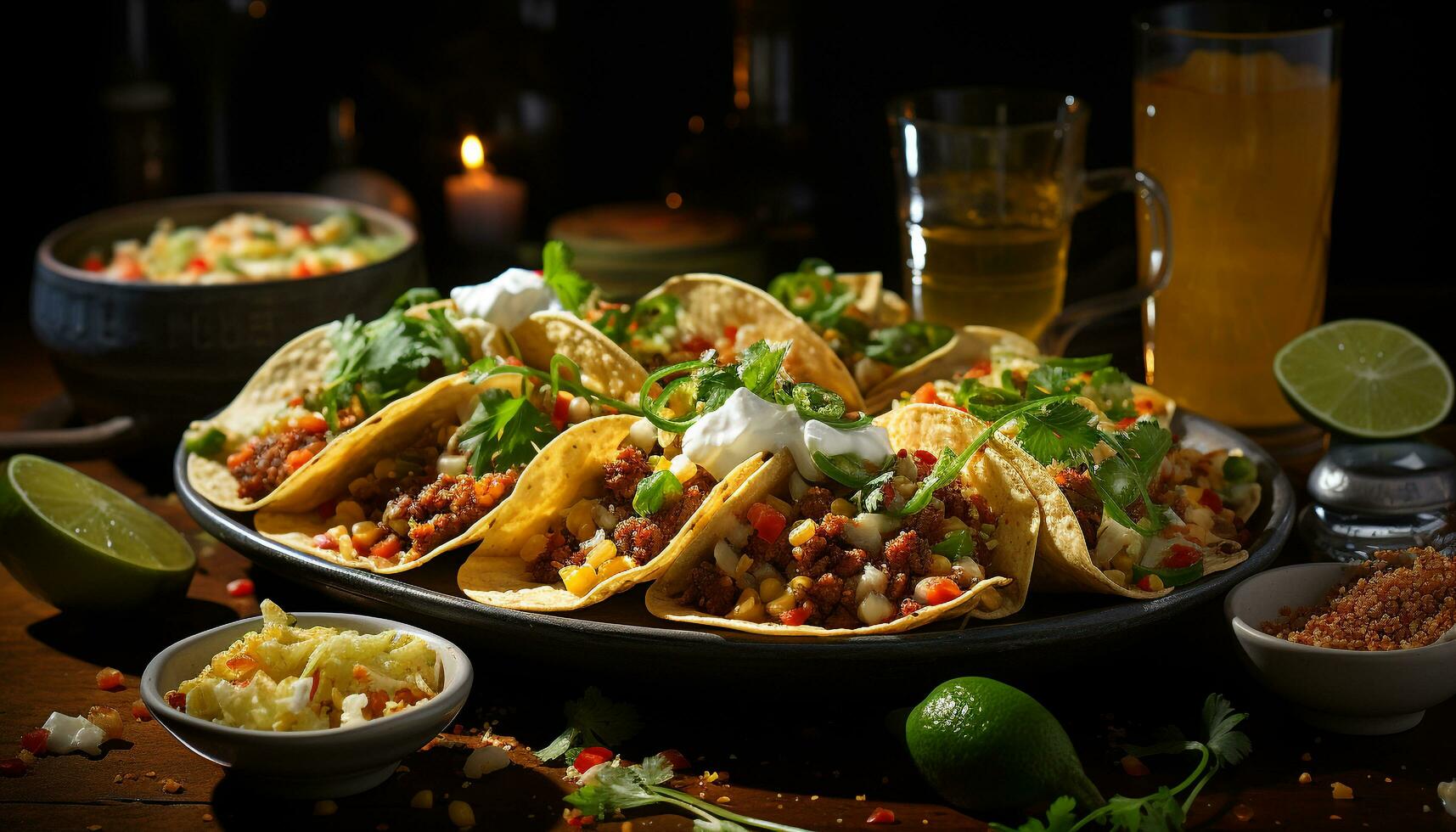 Mexican feast with guacamole and taco, jalapeno, avocado, spice, freshness generated by AI photo