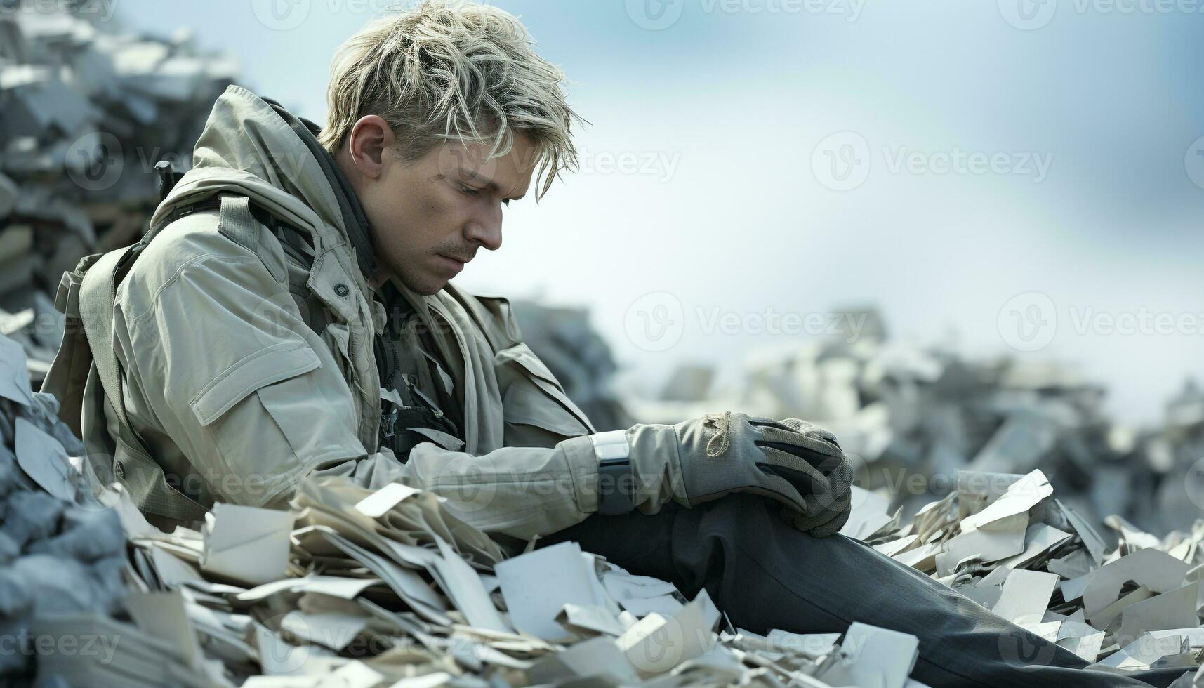 Sad man sitting alone in nature, longing for warmth and hope generated by AI photo
