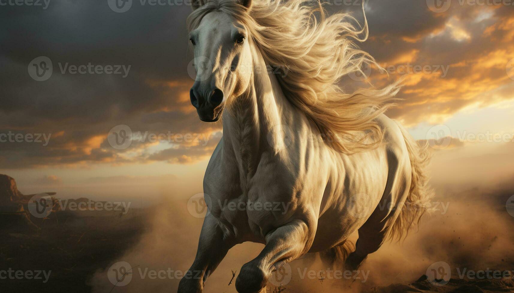 Majestic stallion runs freely in the rural sunset, showcasing beauty generated by AI photo