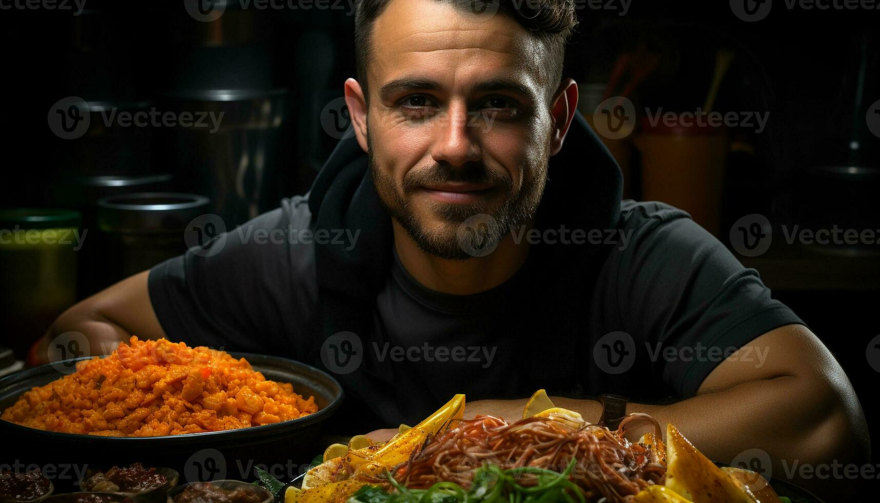 Smiling man cooking gourmet meal, holding plate in commercial kitchen generated by AI photo