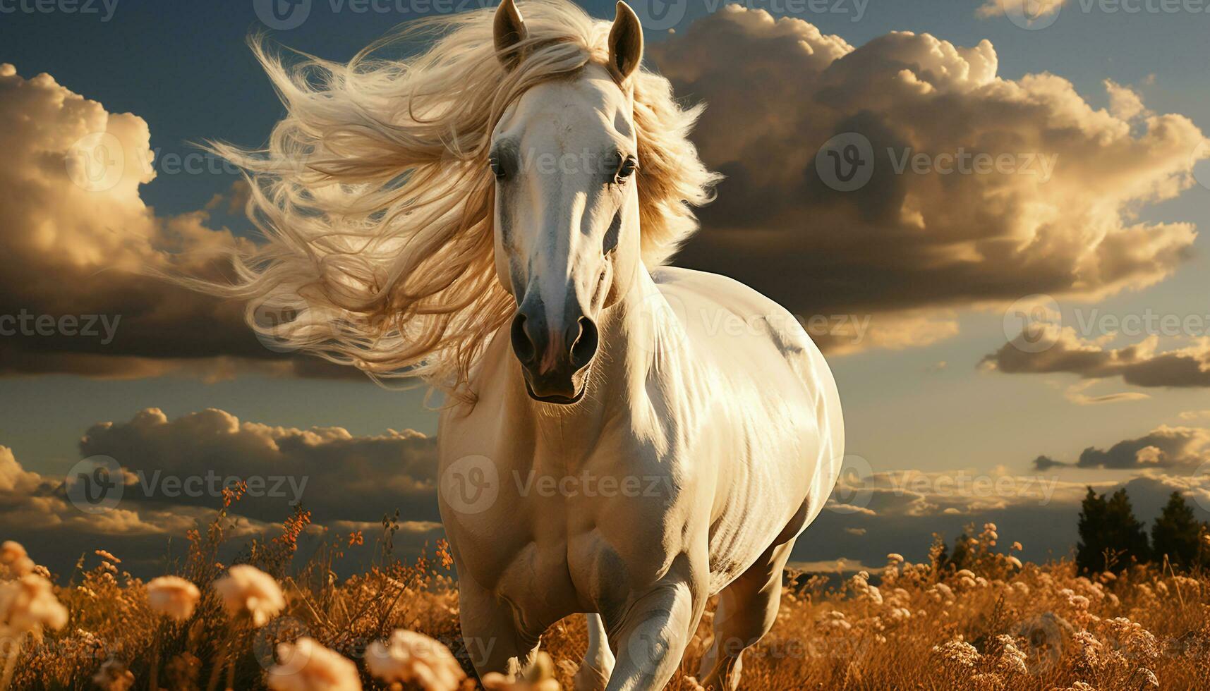 A majestic stallion runs freely in the meadow at sunset generated by AI photo