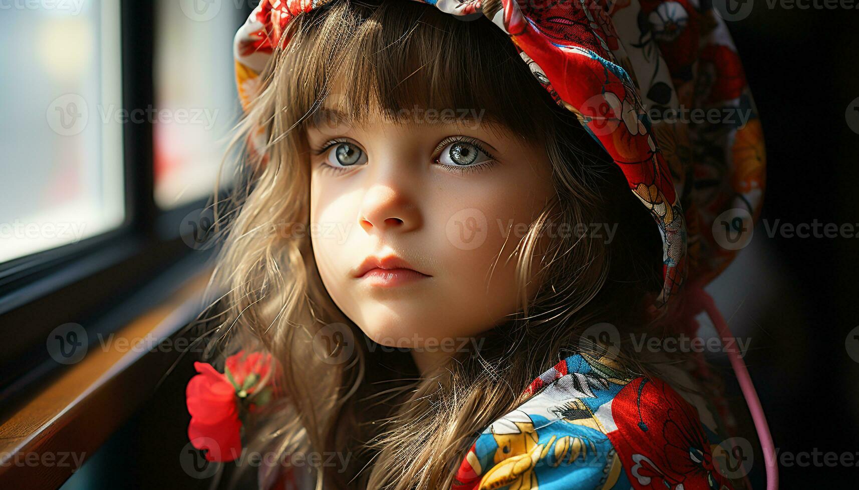 Cute girl, small and cheerful, looking at camera with innocence generated by AI photo