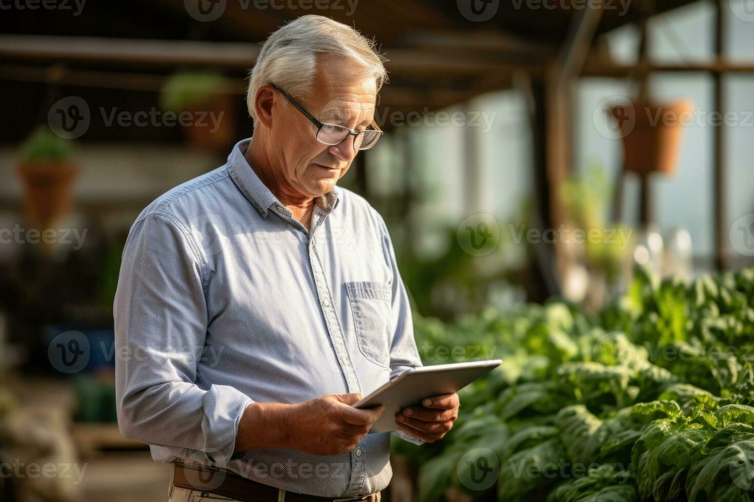 Thoughtful elderly man farmer standing with tablet computer in front of farm AI generated photo