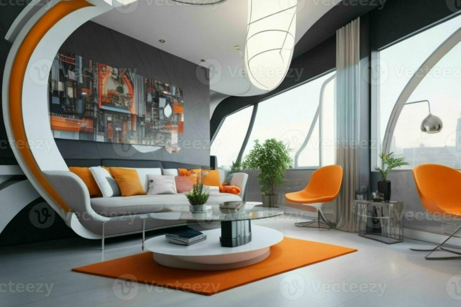 living room in trendy futurism style. AI Generative Pro Photo