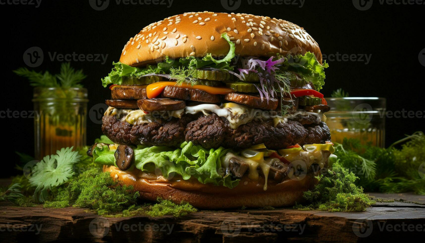 Grilled beef burger with cheese, tomato, onion on sesame bun generated by AI photo