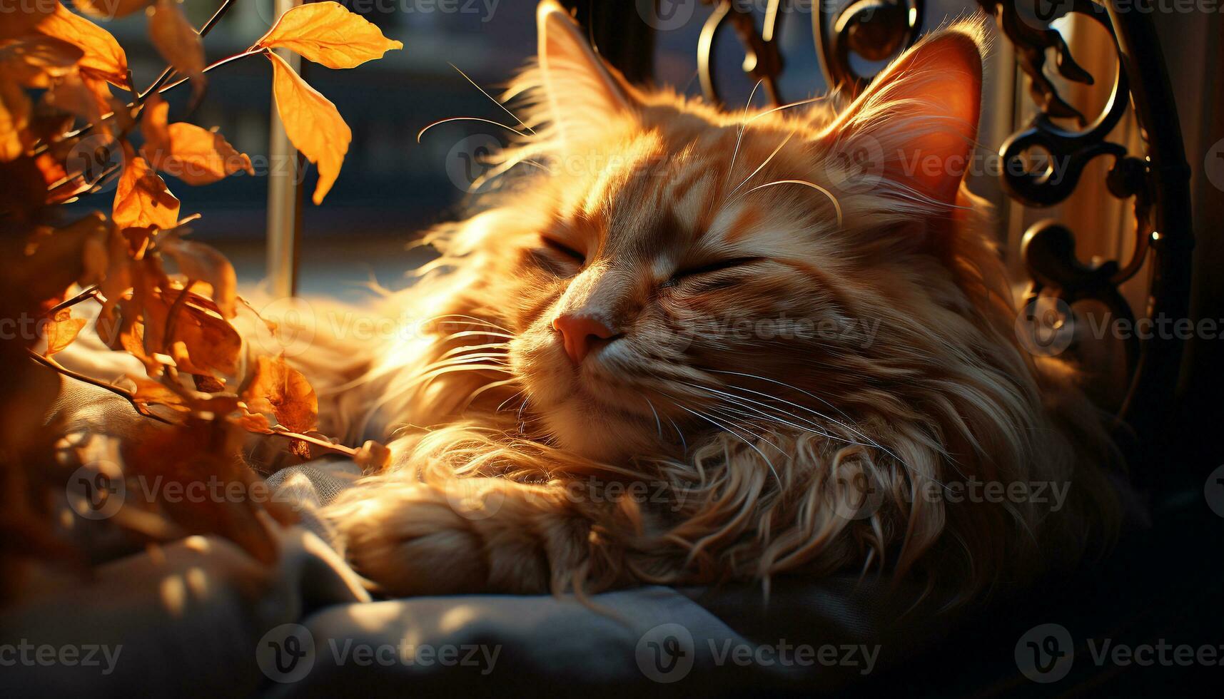Cute kitten resting on grass, enjoying the autumn sunlight generated by AI photo