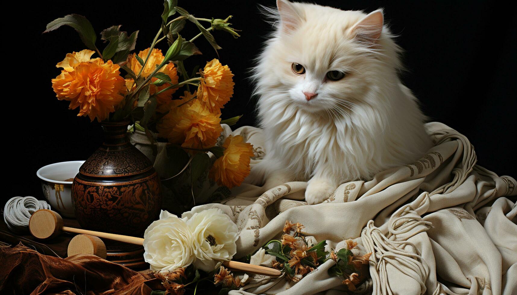 Cute kitten sitting on table, surrounded by flowers and plants generated by AI photo