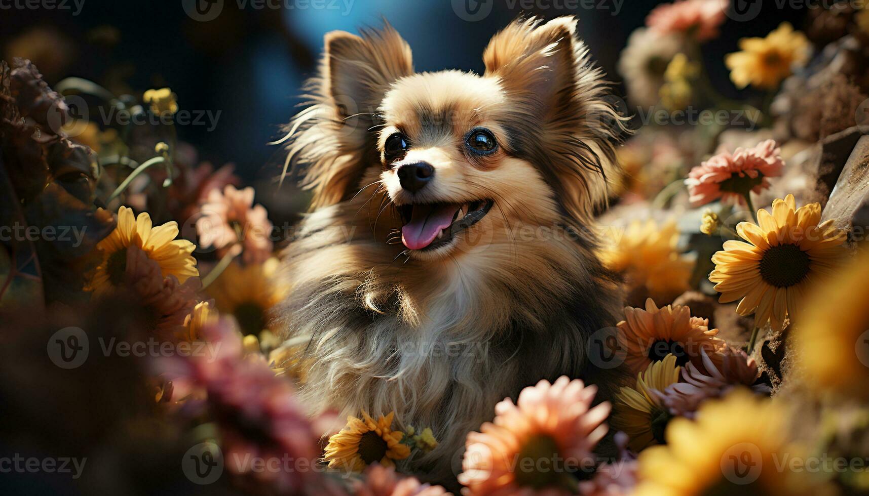 Cute puppy sitting on grass, looking at camera with joy generated by AI photo