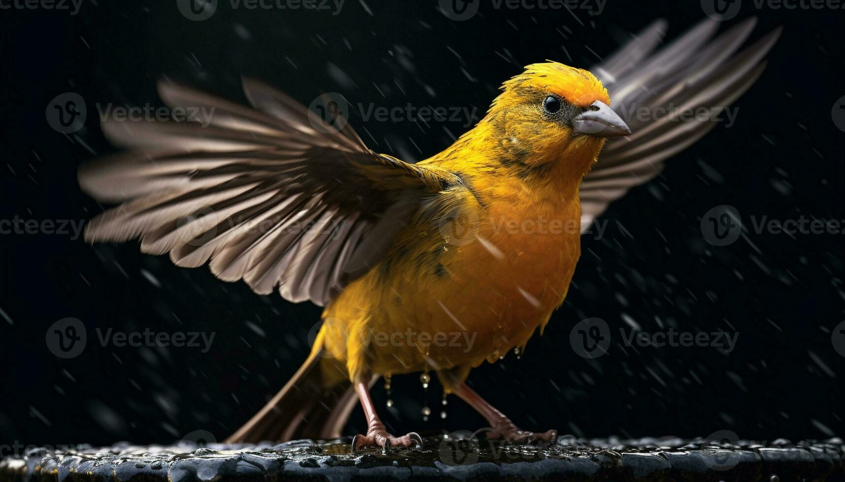 un linda pequeño pájaro encaramado en un rama en el lluvia generado por ai foto