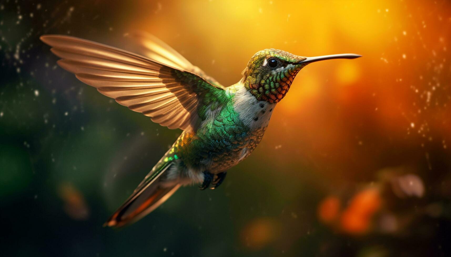 Hummingbird hovers, vibrant feathers spread, nature beauty in motion generated by AI photo