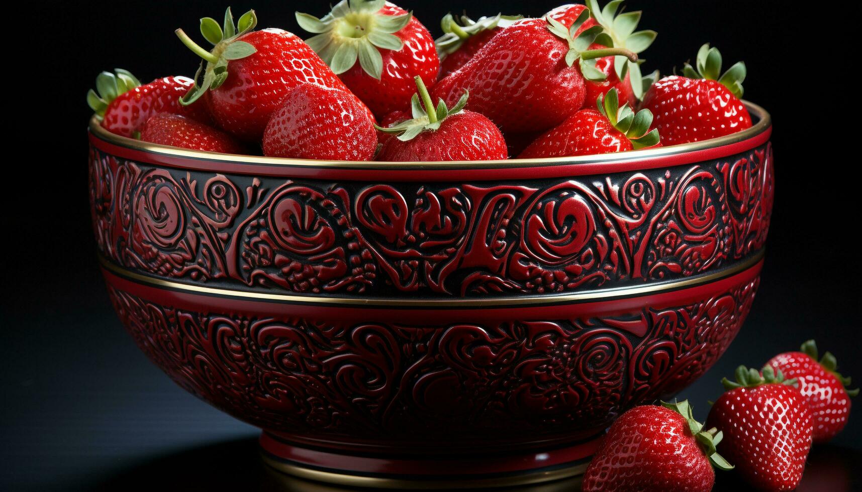 Strawberry fruit bowl, ripe and fresh, healthy gourmet dessert generated by AI photo