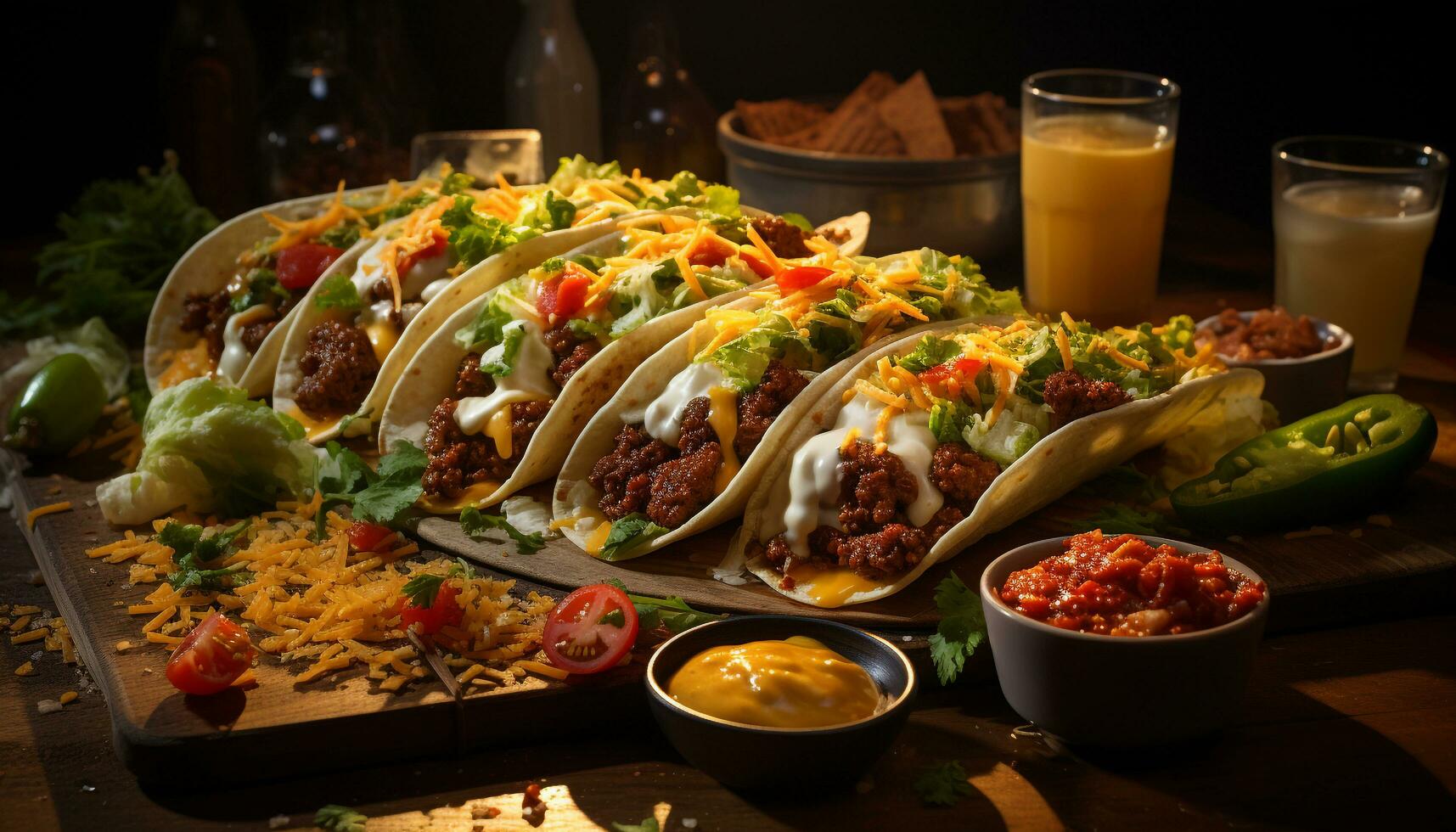 A high angle view of a homemade taco plate with cheddar cheese generated by AI photo