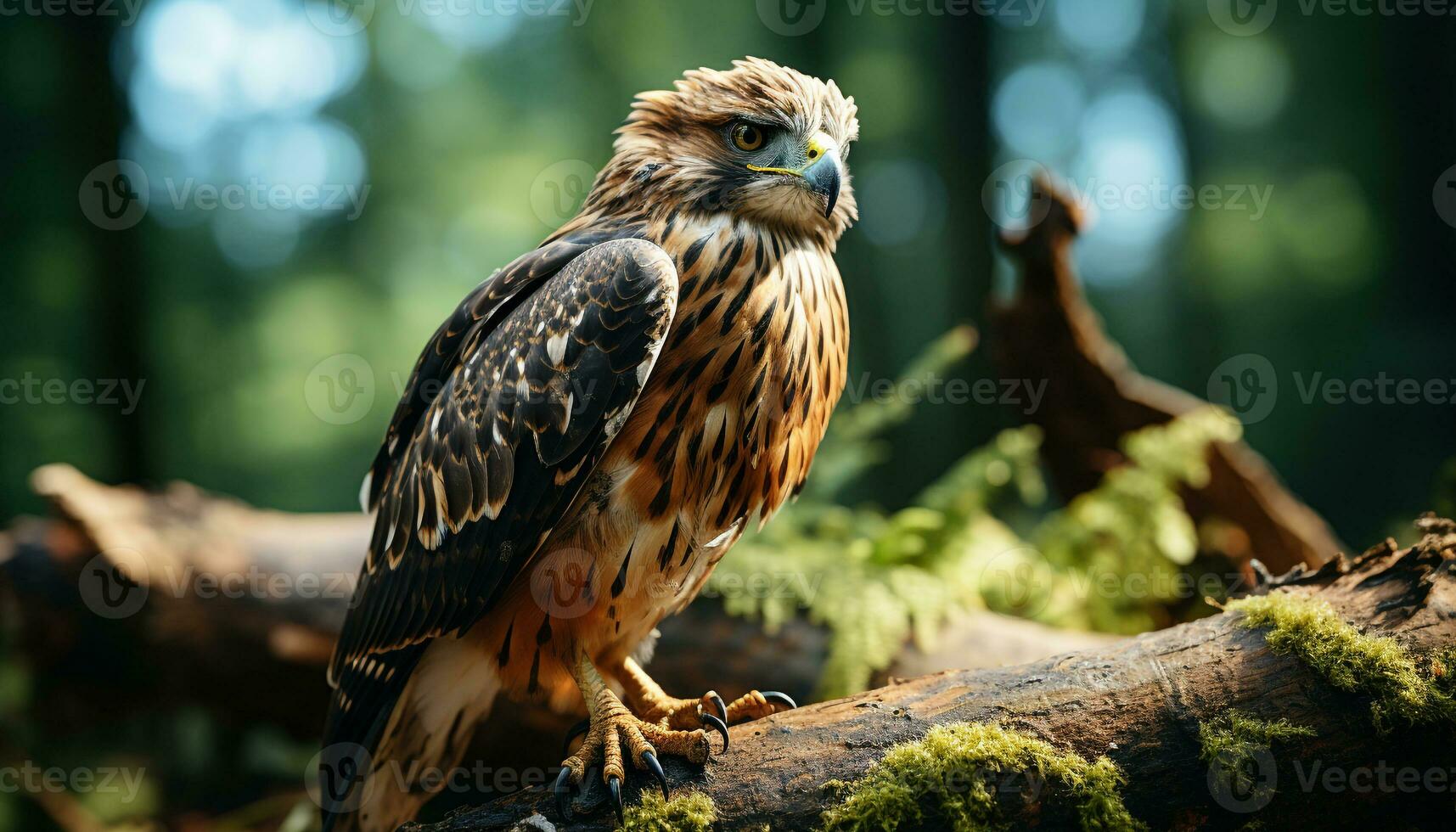 Majestic hawk perching on a branch, its beak in focus generated by AI photo