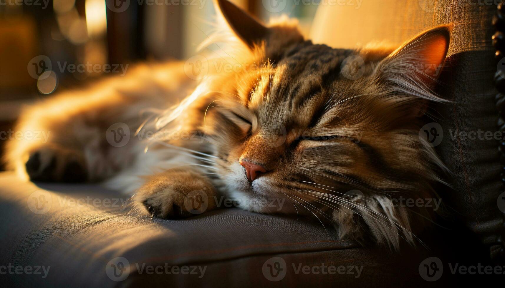 Cute kitten resting, fluffy fur, softness, staring at camera generated by AI photo