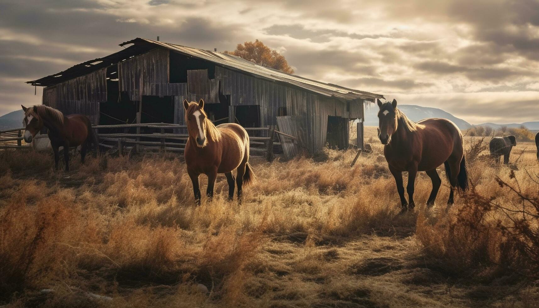 Horse grazes in meadow, farm tranquil beauty under sunset generated by AI photo
