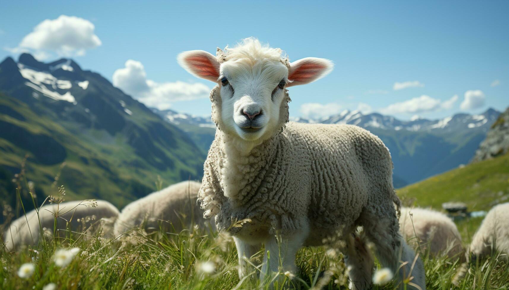 Cute lamb grazing on green meadow, surrounded by peaceful mountains generated by AI photo