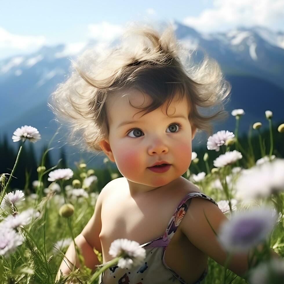 un pintura de montaña lago verano bebé en el hermosa antecedentes foto