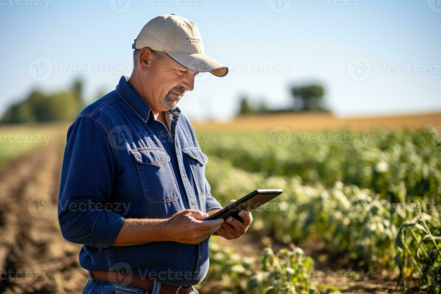 Thoughtful elderly man farmer standing with tablet computer in front of farm AI generated photo