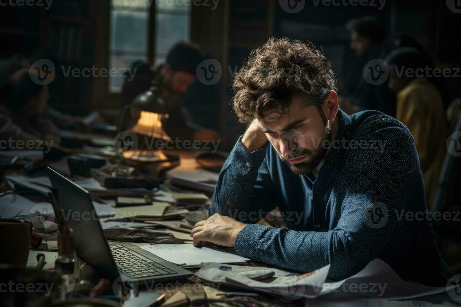 Stressed business man sitting at office workplace. AI Generative photo