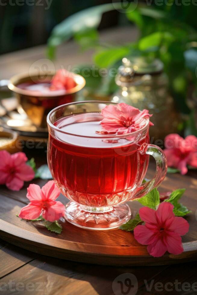 a transparent glass teacup of hibiscus tea AI generated photo