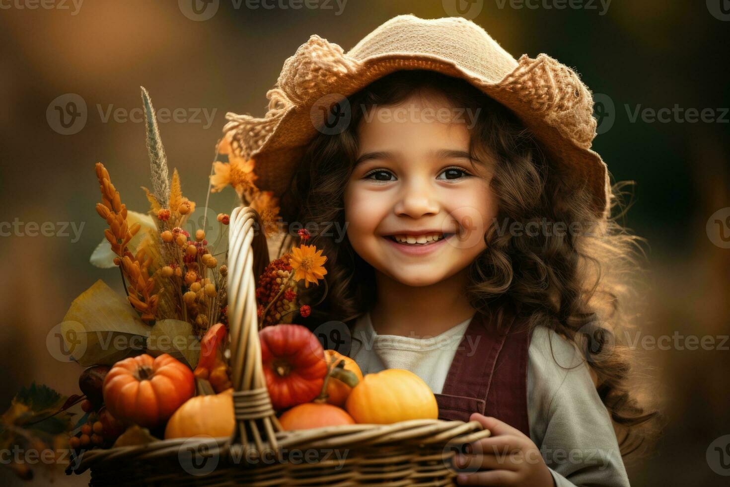 little girl holding a basket with autumn harvest AI generated photo