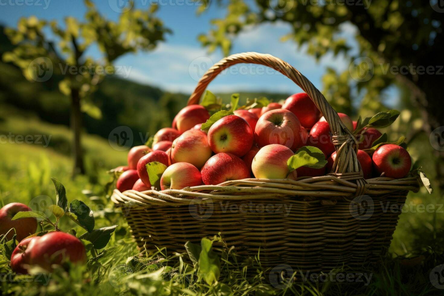 photography of a basket of apples in a green field AI generated photo