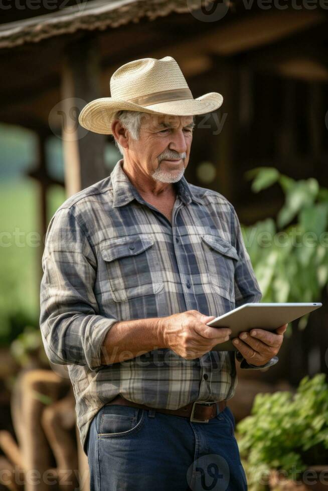 Thoughtful elderly man farmer standing with tablet computer in front of farm AI generated photo