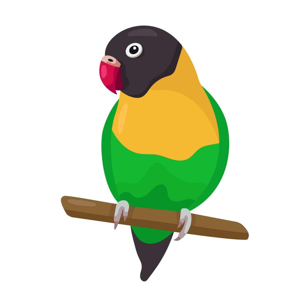 Seamless pattern with cartoon green love birds sitting on branches. Flat little colorful exotic parrots. Vector illustration. Good for T-shirts, posters, book covers, banners