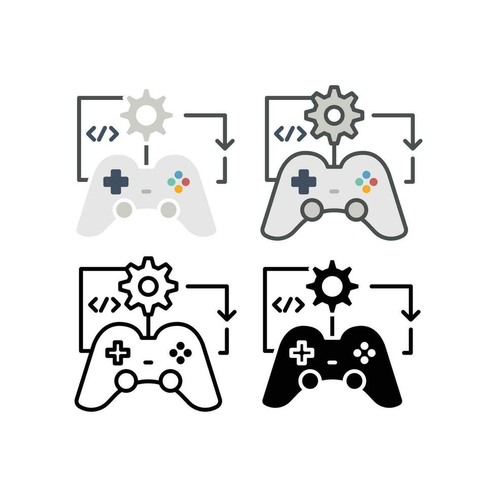 Gamepad, gear wheel with smartphone or laptop screen for game application project in mobile multimedia. Video games marketing. Game Development icon. Vector illustration Design white background EPS10