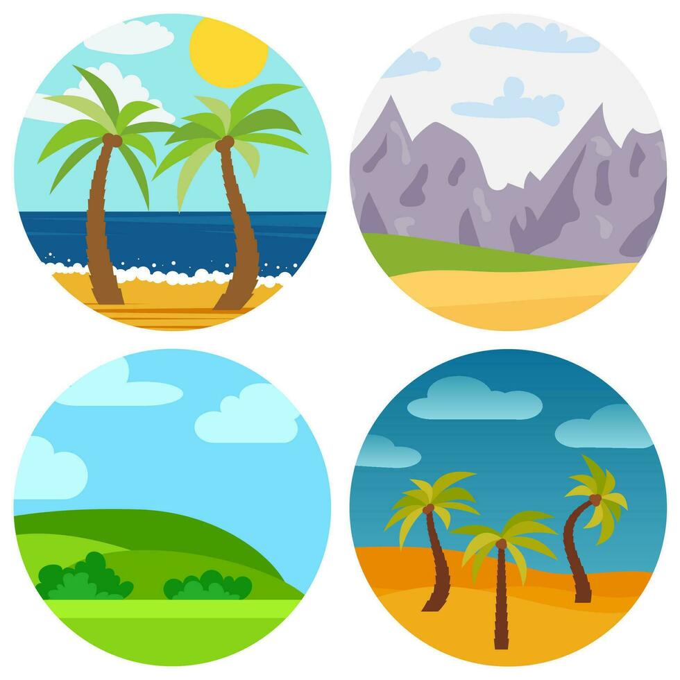 Set of four natural cartoon landscapes at sunny day in circle. Vector illustration.