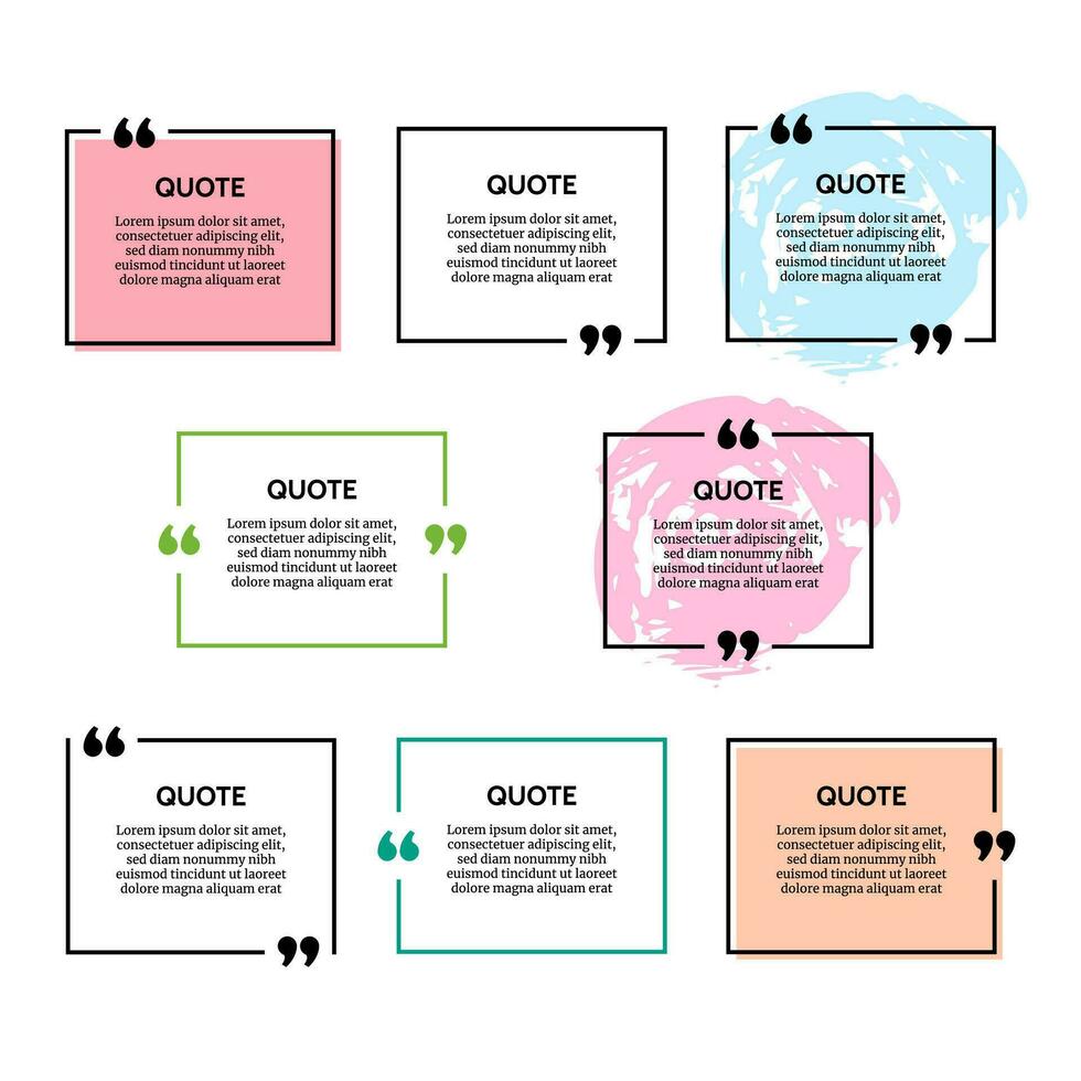Set of eight rectangular quote box frames isolated on white background. Vector illustration