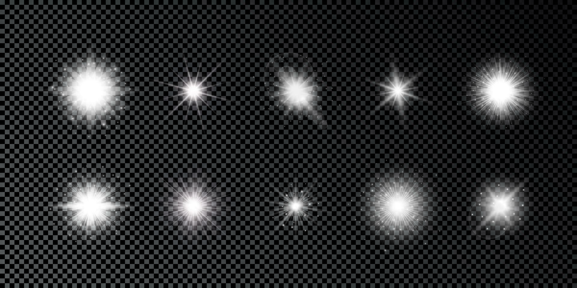 Light effect of lens flares. Set of ten white glowing lights starburst effects with sparkles on a dark background. Vector illustration