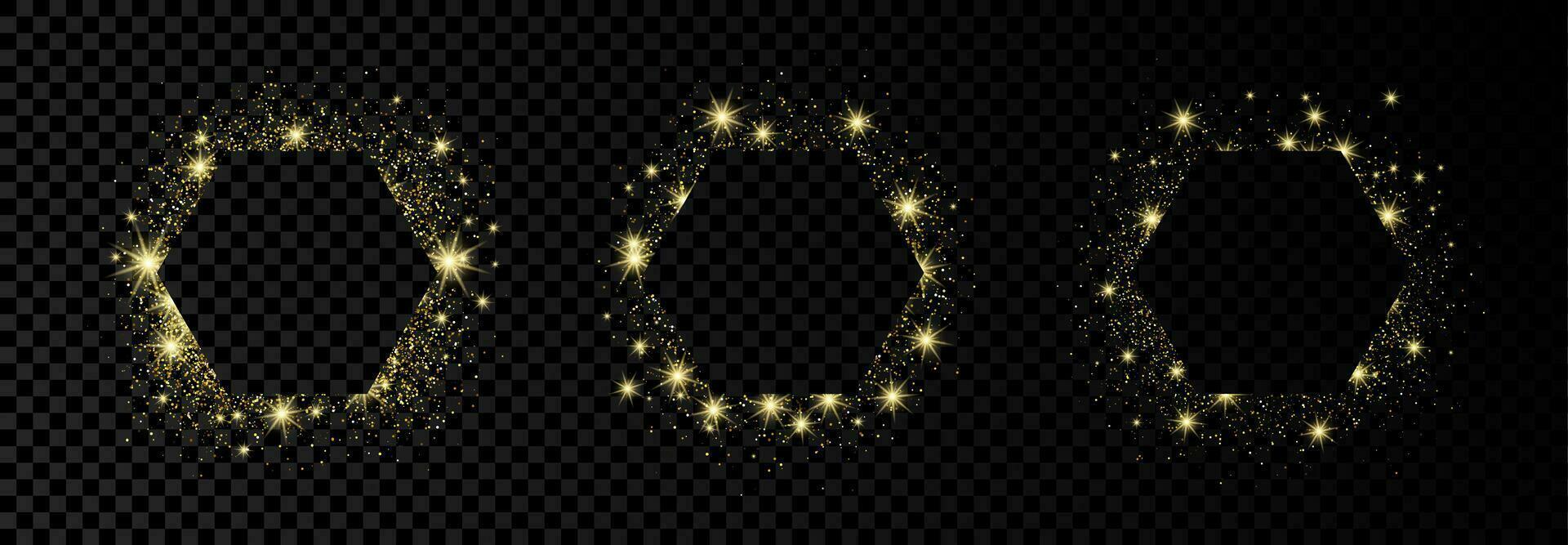 Set of three hexagon frames with golden glitter on dark background. Empty background. Vector illustration.