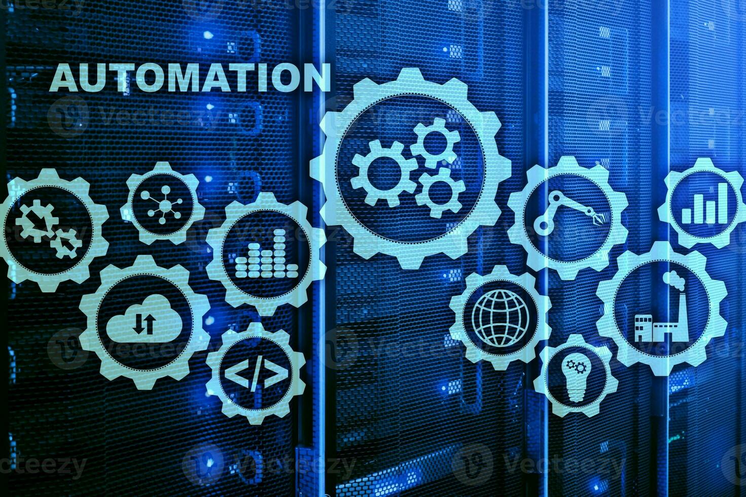 concepto de aumento de productividad de automatización. proceso de tecnología en un fondo de sala de servidores foto