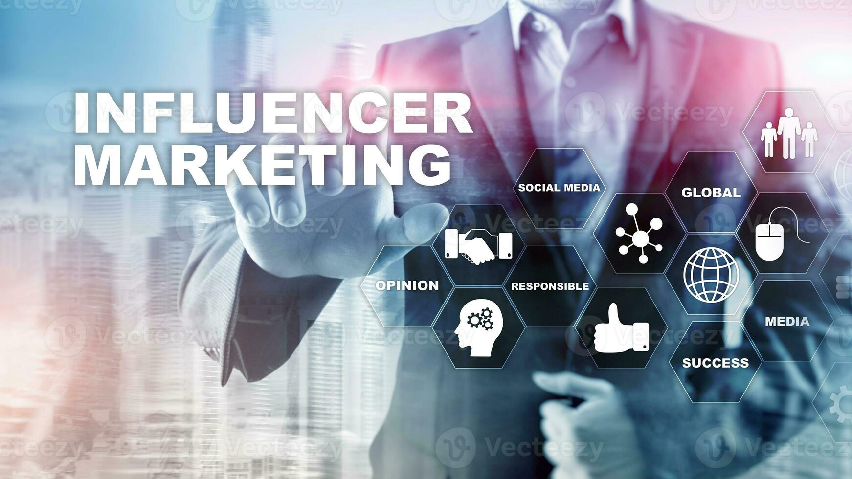Influencer marketing concept in business. Technology, Internet and network. Abstract background mixed media photo