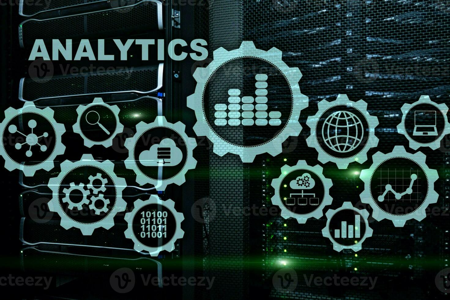 Technology Analytics concept on virtual screen. Big data with graph icons on a digital screen interface and a server room background photo