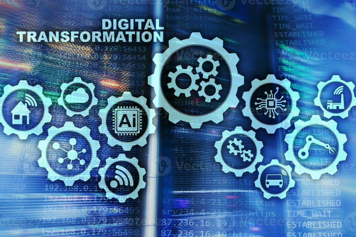 Digital Transformation Concept of digitalization of technology business processes. Datacenter background photo