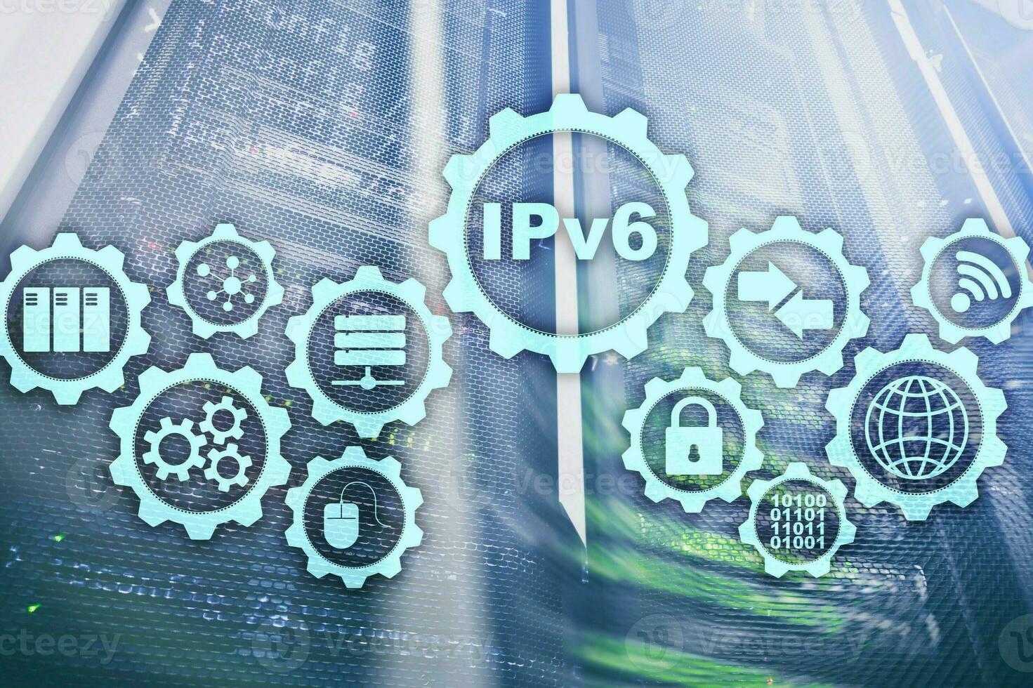 IPv6 Internet Protocol on server room background. Business Technology Internet and network concept photo