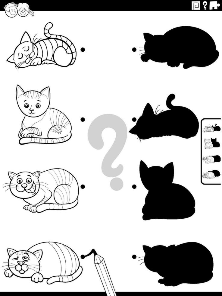 shadow game with cartoon cat characters coloring page vector