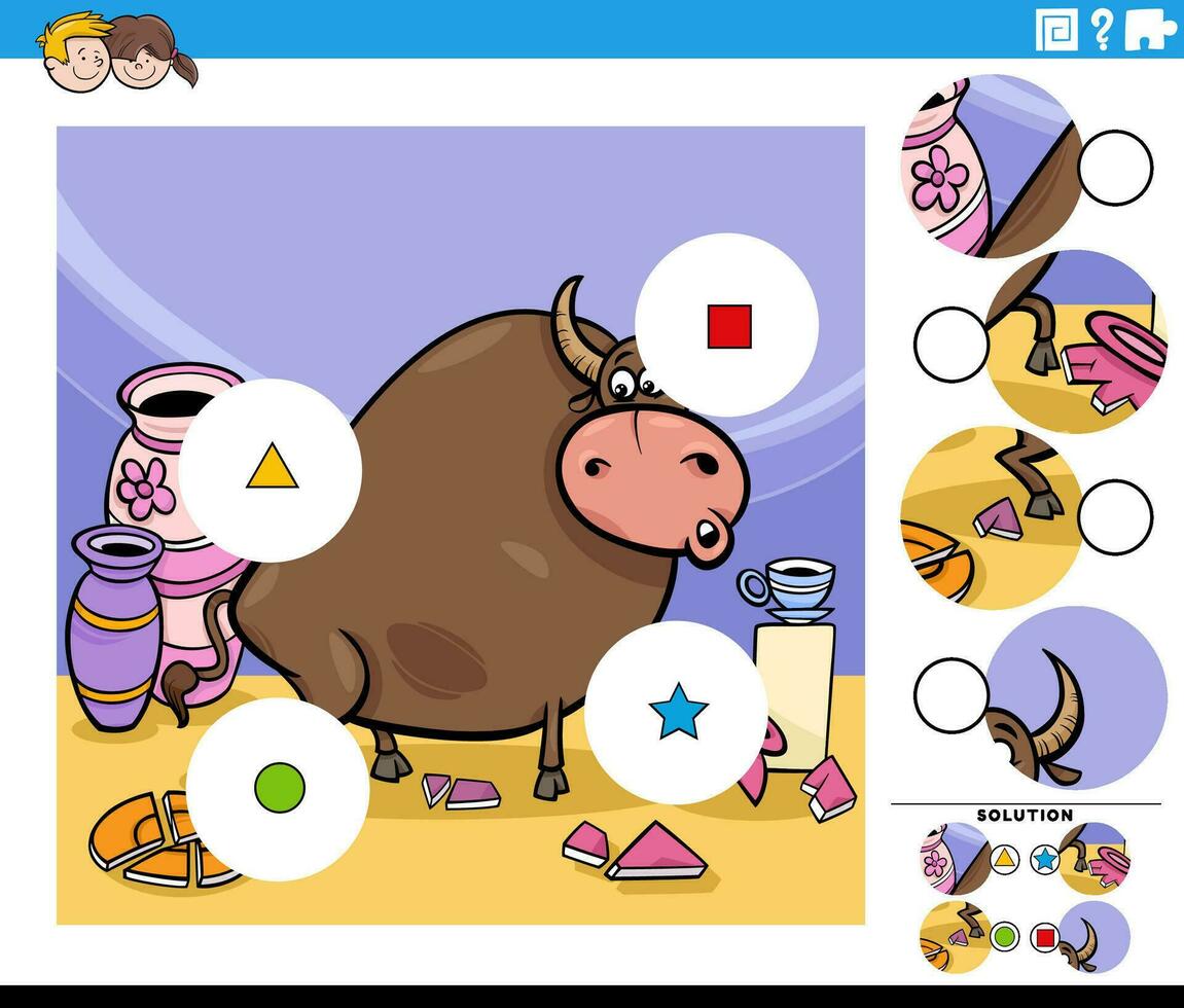 match pieces game with cartoon bull in a china shop vector