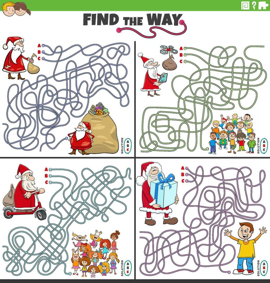 maze games set with Santa Claus on Christmas time vector