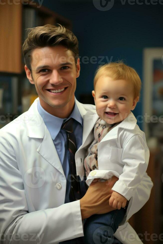 AI generated Portrait of a cheerful seated pediatrician attending to a patient photo