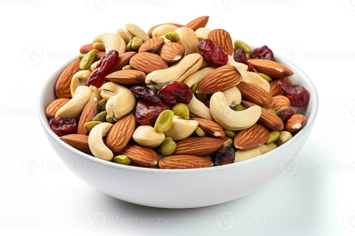 Top view of nut mix in bowl on white background AI Generative photo