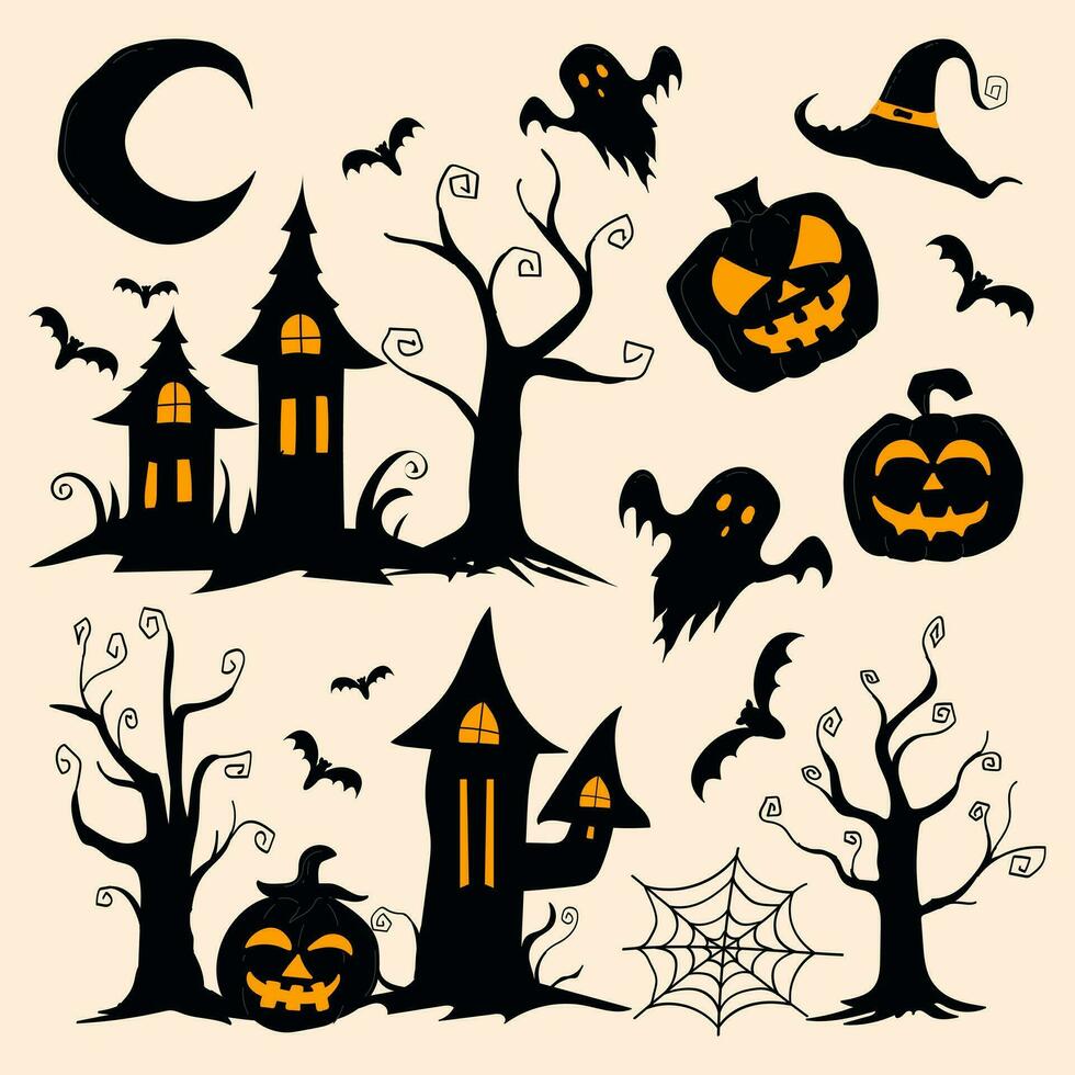 halloween illustration set with pumpkins, ghost, bat, tree vector